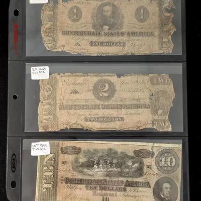3 Authentic $1, $2, $10 US Confederate Notes - 1862, 1863, 1864