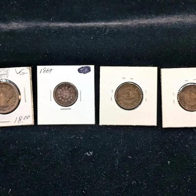 4 Old US Type Coins: 1864 2 Cent, 1865 2 Cent, 1845 Large Cent, & 1869 Nickel