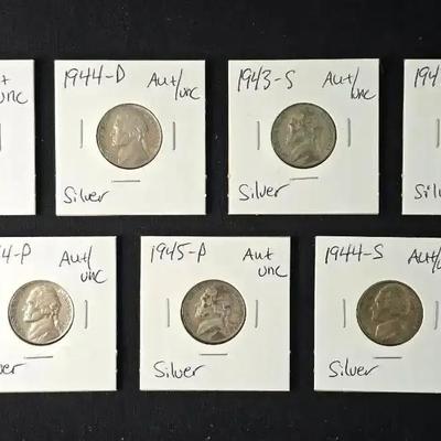 7 Silver Wartime Nickels, AUT/UNC