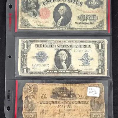 3 US Notes, 1917 $1.00 Note, 1923 Silver Certificate, 1849 Obsolete Note