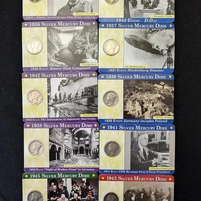 1936-1945 Mercury Silver Dimes in Cards