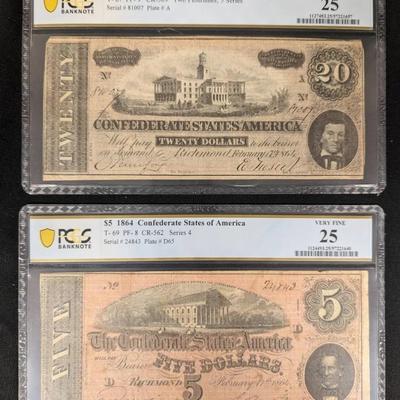 PCGS Graded 1864 $5 & $20 Confederate Notes, VF-25