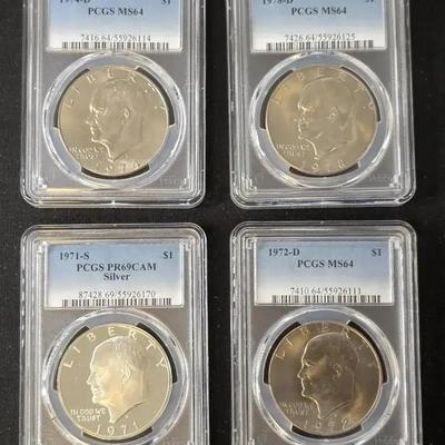 PCGS Graded 1972-D, 74-D, 78-D Eisenhower Dollars MS-64, and 1971-S Ike Proof Silver Dollar