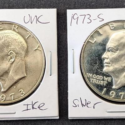 1973-S Silver Eisenhower Dollars: 1 Uncirculated & 1 Proof