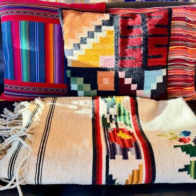 Southwestern Woven Textile Lot – Throw Blanket & Decorative Pillows | Boho / Mexican Folk Style