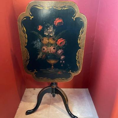 Antique Tilt-Top Tole Painted Table 