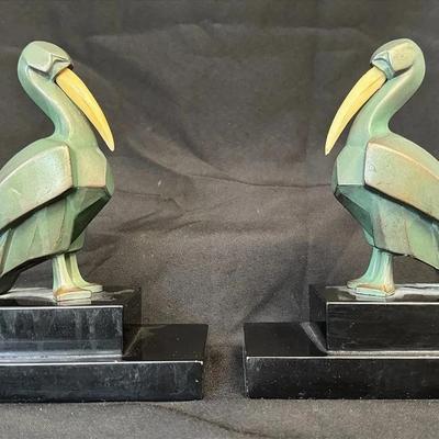 Art Deco Bronze & Bone Pelican Bookends 