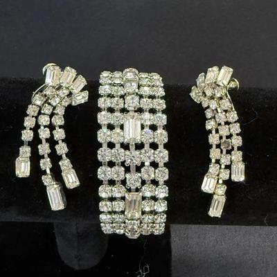 Vintage Rhinestone Bracelet & Clip-On Earring Set – Silver Tone, Baguette Crystals