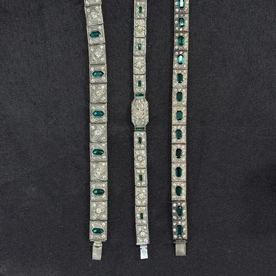 Lot of 3 Art Deco Filigree Bracelets with Emerald-Green Paste Stones – c.1920s