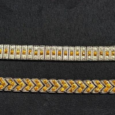 L&M Sterling Silver Art Deco Bracelets with Amber-Colored Accents (Pair)