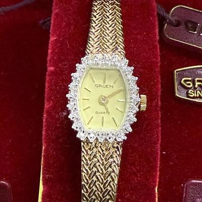 Gruen Ladies Diamond Quartz Watch – Gold Tone Mesh Bracelet – Boxed (GR0288)