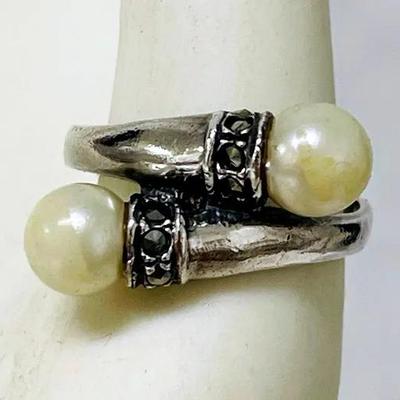 Sterling Silver Pearl and Marcasite Ring