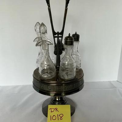 Silverplate Vintage Cruet Set Carry Handle With Pedestal Base