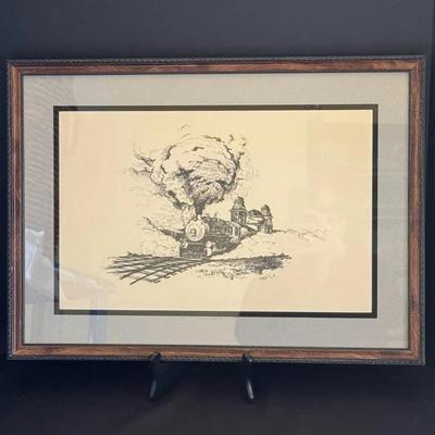 Framed Vintage Art Print Of A Steam Locomotive Sketch Signed By Artist Roland Davis