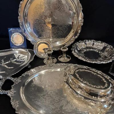 Large Collection Of Silver Plated Trays, Candlesticks, Serving Dish And Platter