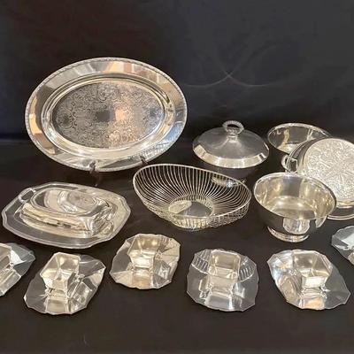 Collection Of Silver Plated Trays, Serving Bowls, Dessert Cups, Bread Basket