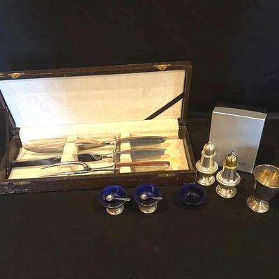 Samurai Vintage Cutler Set, Sterling Salt And Pepper Shakers, Sterling Salt Cellars And Spoons