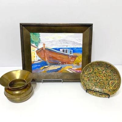 Original Oil Painting, Vintage Paper Bowl, And Vintage Brass Spittoon 