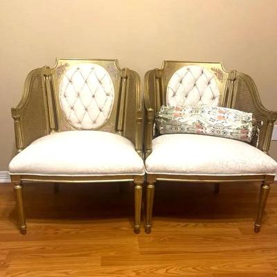  Louis XVI style bergère armchairs. Set Of Two. And An Asian Motif Bolster Pillow