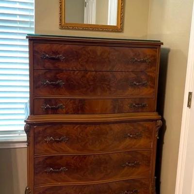 Antique French-style burled wood, tall chest of drawers and Wall Mirror