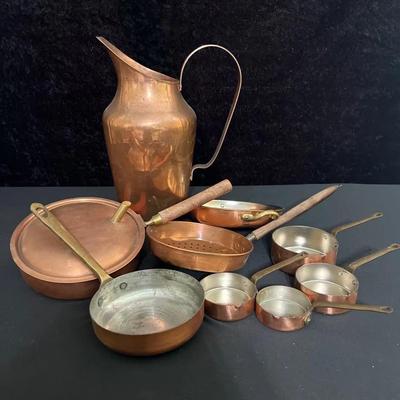 Vintage Copper, Large Pitcher, Pans And Measuring Cups