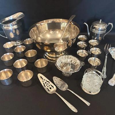 Silver Plated Punch Bowl With Cups, Coaster Set, Water And Tea  Pitcher, Serving Utensils