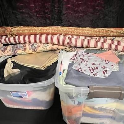 Tapestry Material, 2 Large Bins Of Material, 3 Large Tablecloths