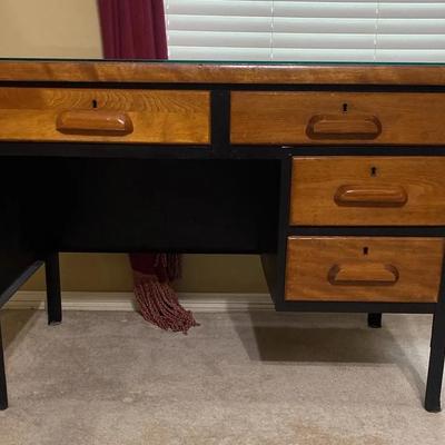Retro Look Wooden And Metal Desk With Removable Glass Made to Fit. 