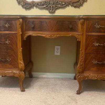 Antique French Provincial style vanity or dressing table With A Glass Top
