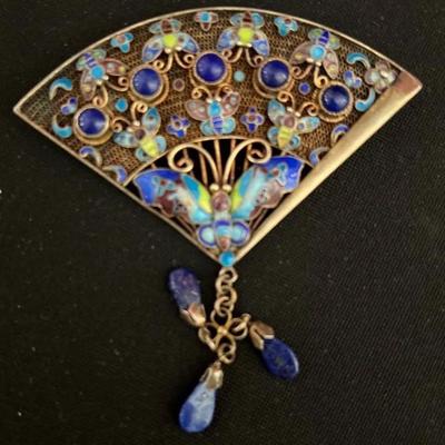 Antique Chinese Enamel Filigree Gilt Sterling Silver Fan Brooch Pin