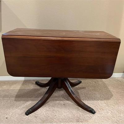 Drop Leaf Dining Wood Table with Pedestal Base and Brass Claw Feet