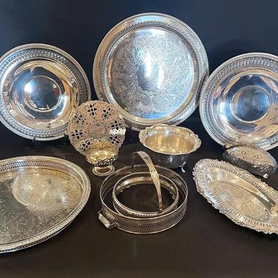 Beautiful Collection Of Silver Plated Trays, Trivet, Napkin Holder, Dish Carrier, Bowls And Platter