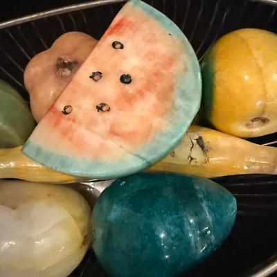 Set Of Vintage Alabaster Stone Fruit In Silver Plated Basket