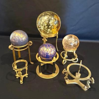 Art Glass Spheres and Blue Decorative Spheres With Gold Crackle Finish On Brass Stands