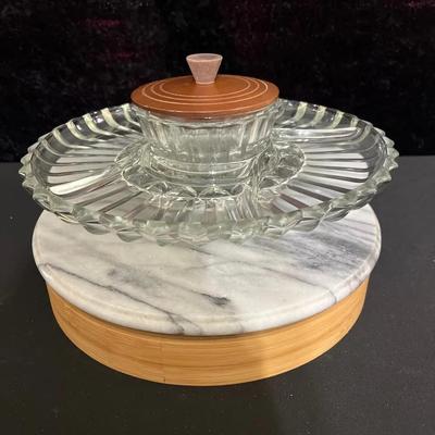 2 -Vintage Glass Lazy Susan w Carrera Marble & Wood Lazy Susan