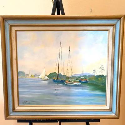 Beautiful Original Oil By Artist Sue Petinos Painting Depicting Sailboats