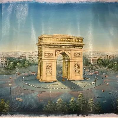 Oil Painting Of Arc de Triomphe in Paris, France. Artist C. Benoit 26.5x23