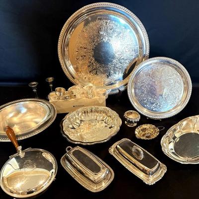 Silver Plated Trays, Napkin Ring Holders, Crumb Catcher, Candlesticks, Butter Dish