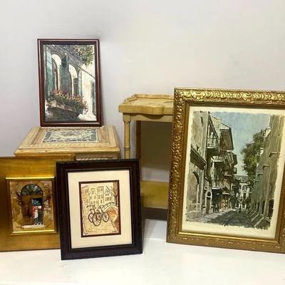 Art Depicting Architecture, Small Table, Small Wooden Box