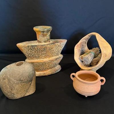 Collection Of Four Decorative Pots: Stone, Terra cotta And Carved Wood Sculptures 