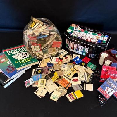 Texas Hold’em Poker Set, Books And Cards Along With Vintage Collection Of Match Books 