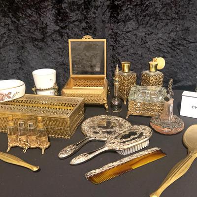 Vintage Perfume, Toiletry, Brush, Mirror, Brass And Silvertone Items 