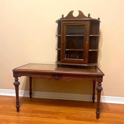 Wooden coffee table w/Glass Top & vintage wooden wall-mounted or freestanding curio display cabinet