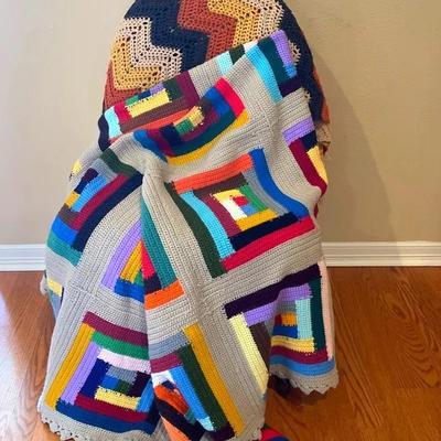 Two Vintage handmade, multi-color, patterned crocheted blankets