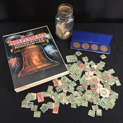  US Stamp Album, Assorted 1 & 3 Cent Antique Stamps, Bicentennial Medals 