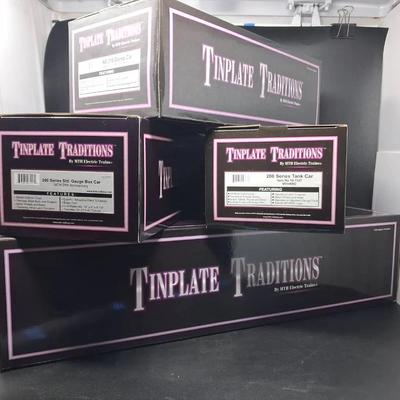Tinplate Traditions Tank Car, Gauge Box Car, Dump Car & Crane Car 