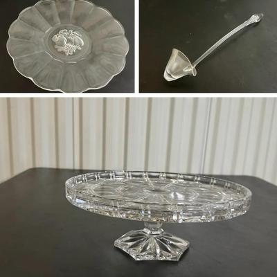 Crystal Ware: Cake Stand, Fruit Platter, Ladle