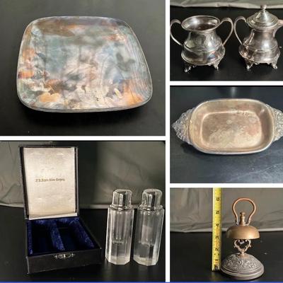 Rogers and Reed&Barton Silverplate and Crystal Salt Pepper Shakers with Case, 7 Pcs 