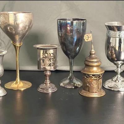 Judaica: Kiddush Cups and Spice Box - Mixed Materials and Makes, 6 Pcs