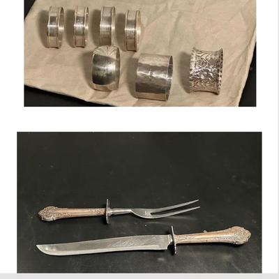 Gorham Sterling Silver Napkin Rings (4) and Carving Knife Fork Set
